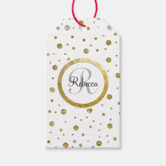 Étiquettes-cadeau Monogram Gold Leaf Print Silver Confetti