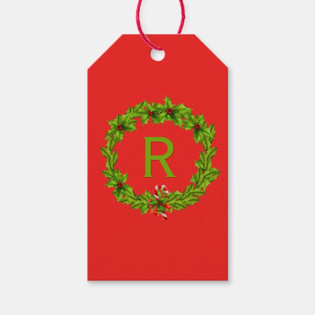 Étiquettes-cadeau Monogram Holly Berry Wreath Personalized Initial (Devant)