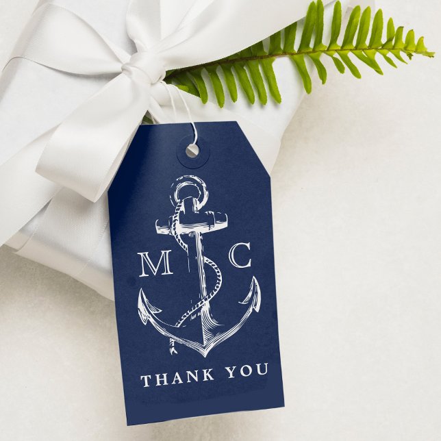 Étiquettes-cadeau Monogram Marine Bleu Ancre nautique Merci (Créateur téléchargé)