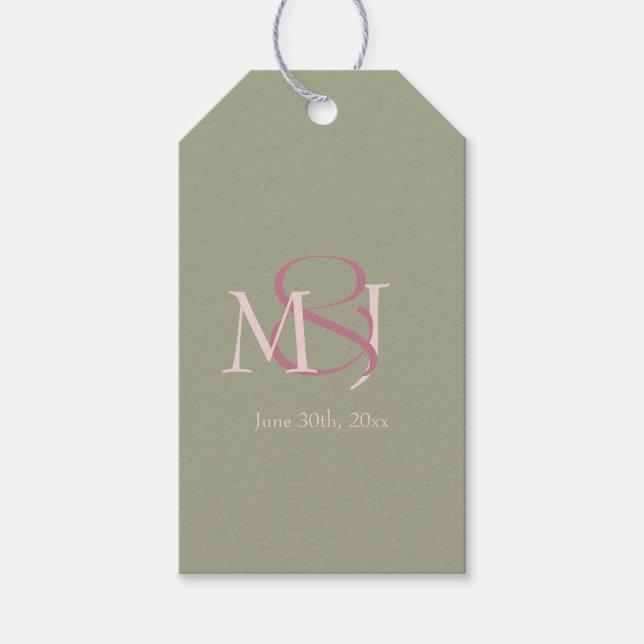 Étiquettes-cadeau Monogram Minimalist Green Pink Mauve Wedding (Devant)