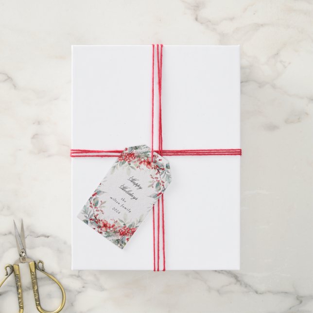 Étiquettes Cadeau Monogramme Baies de Fêtes Classi (Avec de la ficelle)