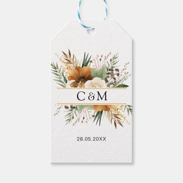 Étiquettes-cadeau Monogramme, boho, boquet de fleurs élégant (Devant)