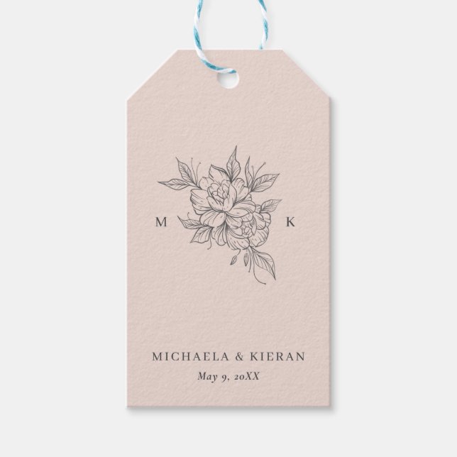 Étiquettes-cadeau Monogramme Botanique Rose Pâle Mariage (Devant)