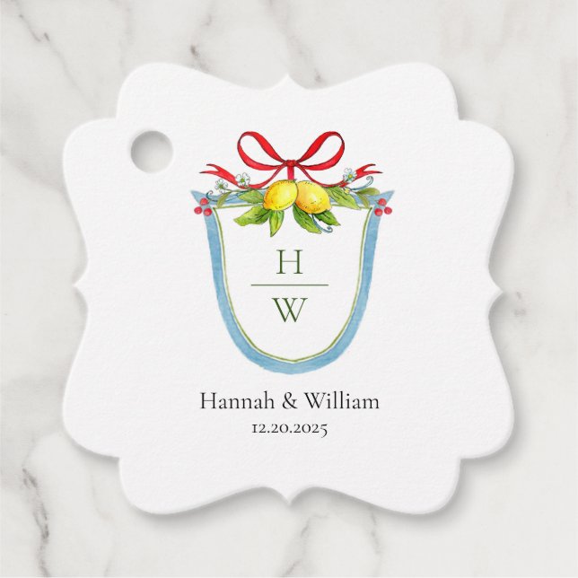 Étiquettes Cadeau Monogramme Crest avec citrons et arc Mariage Faveu (Devant)
