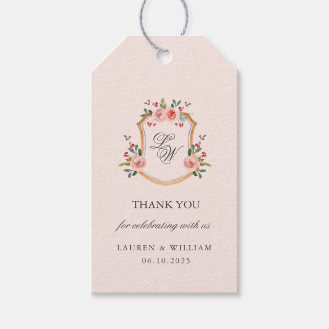 Étiquettes-cadeau Monogramme Crest avec fleurs mariage (Devant)