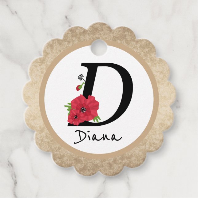 Étiquettes Cadeau Monogramme D, lettre D, fleurs, monogramme (Devant)