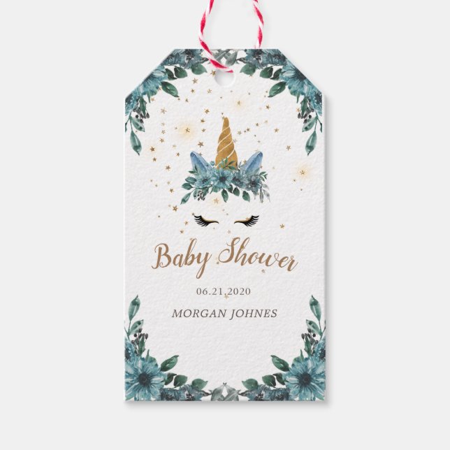 Étiquettes-cadeau monogramme de baby shower floral bleu unicorne end (Devant)