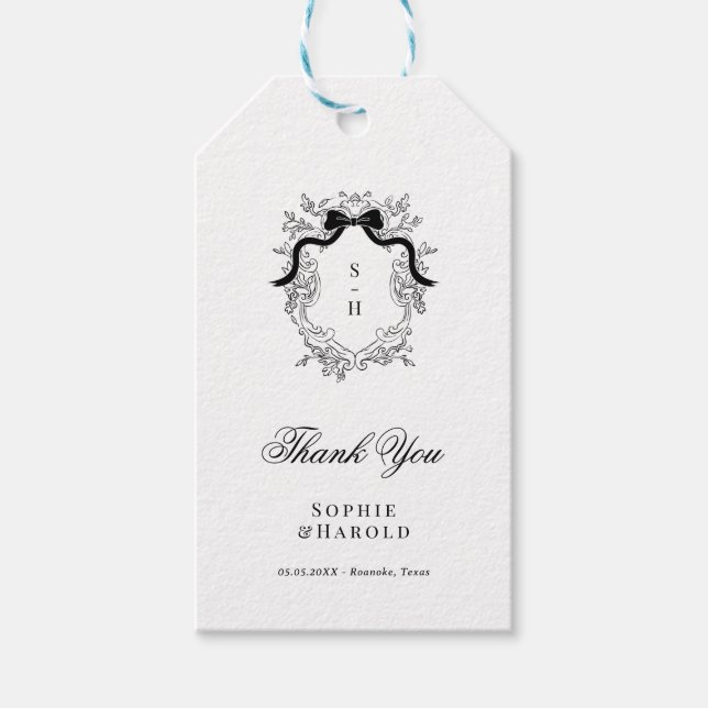 Étiquettes-cadeau Monogramme de crête Ruban à nœud français Mariage  (Devant)