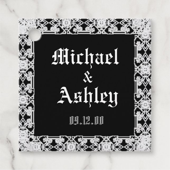 Étiquettes Cadeau Monogramme de dentelle noir et blanc moderne perso (Devant)