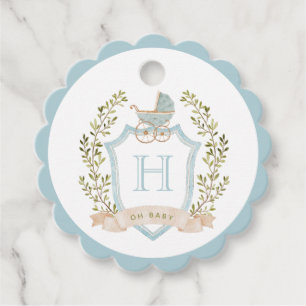 Étiquettes Cadeau Monogramme de la crête de bébé   Baby shower bleu