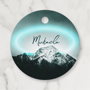 Étiquettes Cadeau Monogramme de lumière de néon bleu mystérieux de m