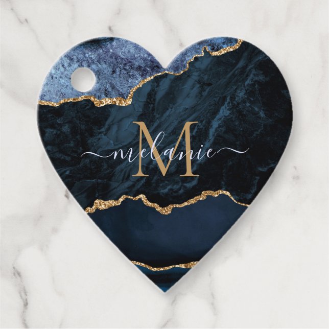 Étiquettes Cadeau Monogramme de marbre en pierre de taille bleu mari (Devant)