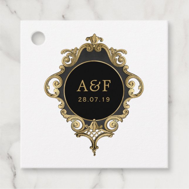 Étiquettes Cadeau Monogramme de papier alu faux noir et or (Devant)