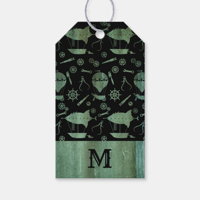 Étiquettes-cadeau Monogramme des navires Steampunk de Verdigris (Devant)