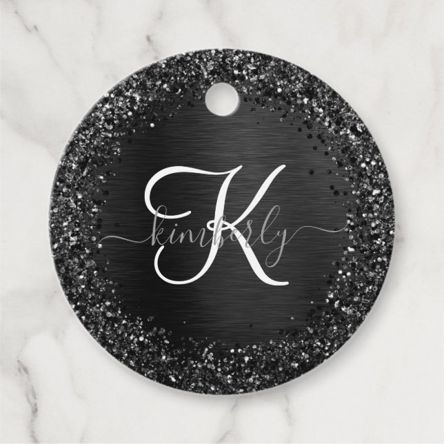 Étiquettes Cadeau Monogramme d'étincelle à Parties scintillant noire (Devant)