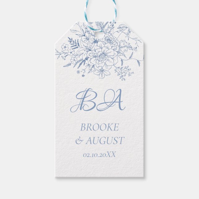 Étiquettes-cadeau Monogramme Dusty Mariage bleu (Devant)