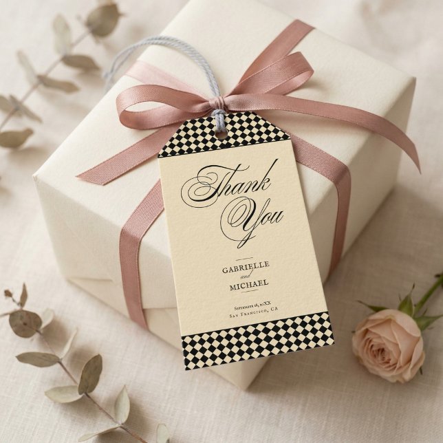 Étiquettes-cadeau Monogramme Élégant Crème Noir Damier (Créateur téléchargé)