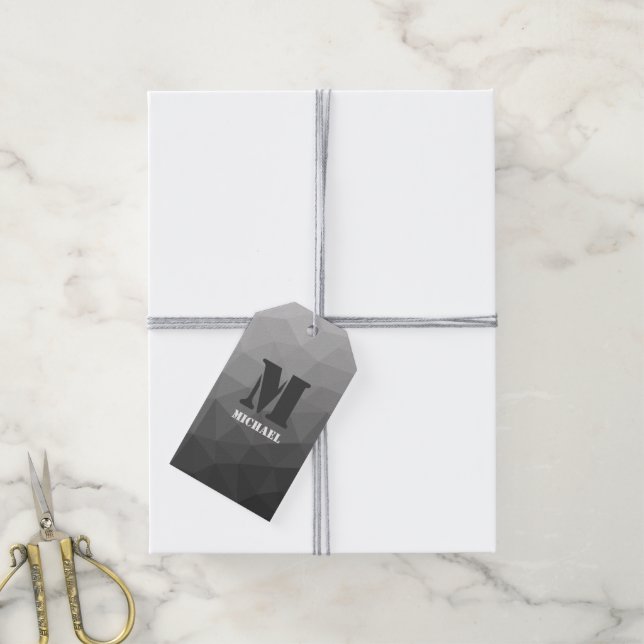 Étiquettes-cadeau Monogramme en maille géométrique avec dégradé gris (Avec de la ficelle)