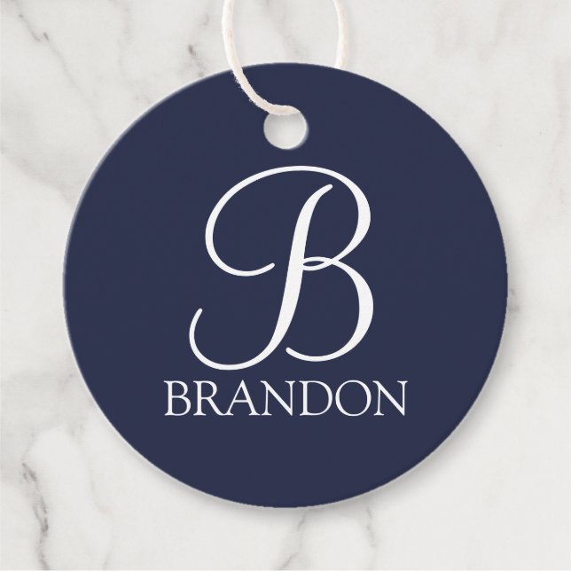Étiquettes Cadeau Monogramme et nom de script personnalisé bleu mari (Devant)
