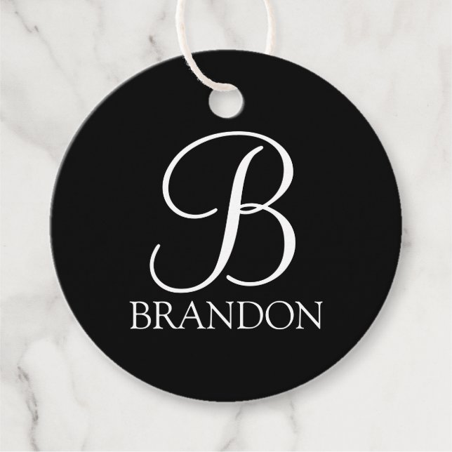 Étiquettes Cadeau Monogramme et nom de script personnalisé noir (Devant)