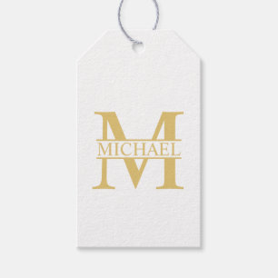 Étiquettes-cadeau Monogramme et nom personnalisé blanc et or