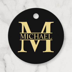 Étiquettes Cadeau Monogramme et nom personnalisés noir et or
