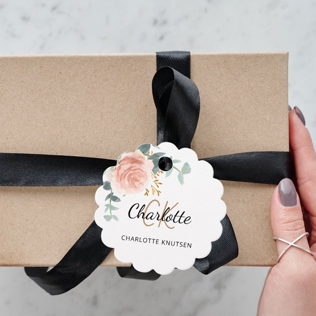 Étiquettes Cadeau monogramme fleuri rose eucalyptus nom commercial (Créateur téléchargé)