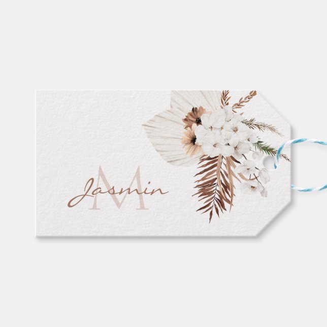 Étiquettes-cadeau Monogramme floral d'herbe de Pampas Boho rustique (Devant (Horizontal))