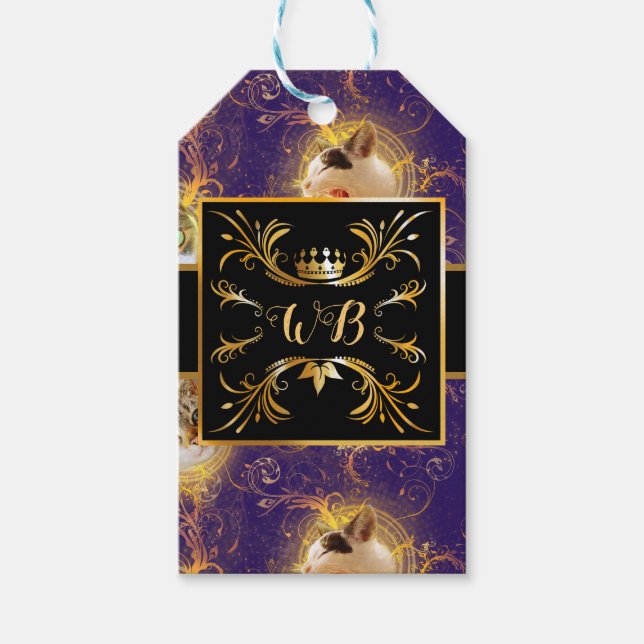 Étiquettes-cadeau Monogramme Floral Orné Cute Chat - Royal Purple (Devant)