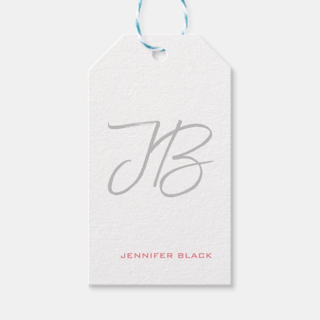 Étiquettes-cadeau Monogramme Gris Blanc Clou Calligraphie Script (Devant)