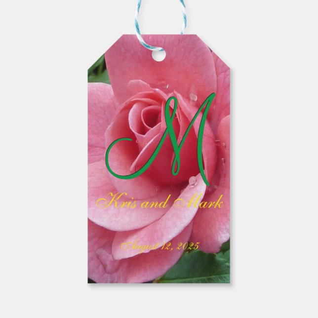 Étiquettes-cadeau Monogramme humide de rose de rose (Dos)
