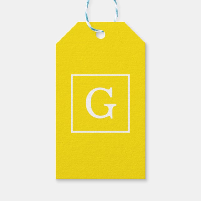 Étiquettes-cadeau Monogramme initial encadré blanc jaune (Devant)