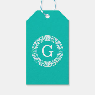 Étiquettes-cadeau Monogramme initial turquoise Wht Key grecque