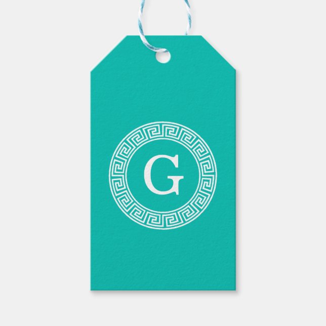 Étiquettes-cadeau Monogramme initial turquoise Wht Key grecque (Devant)
