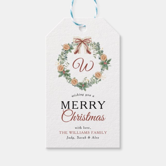 Étiquettes-cadeau Monogramme Joyeuse Oranges de Noël Wreath Photo (Devant)