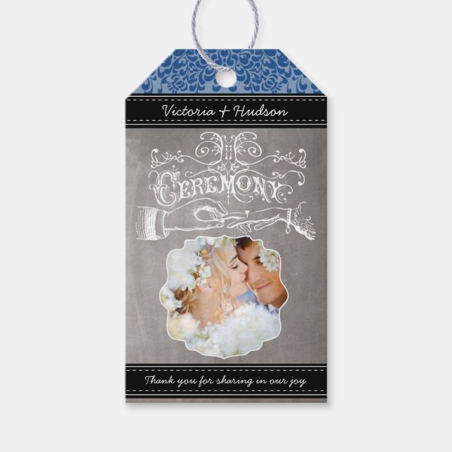 Étiquettes-cadeau Monogramme Mariage Photo Royal Blue Damask Patte (Devant)