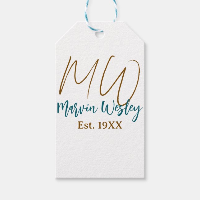 Étiquettes-cadeau Monogramme marron bleu turquoise année d'estimatio (Devant)