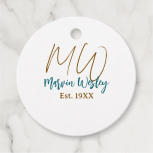 Étiquettes Cadeau Monogramme marron bleu turquoise année d'estimatio