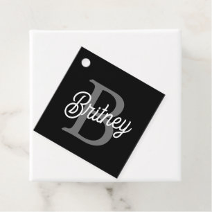 Étiquettes Cadeau Monogramme moderne élégant Nom noir Gris noir Scri