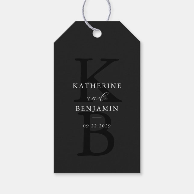Étiquettes-cadeau Monogramme noir mat moderne Mariage minimaliste (Devant)