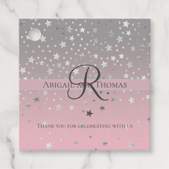 Étiquettes Cadeau Monogramme Nom Rose Gris Argent Étoiles Tendance   (Devant)