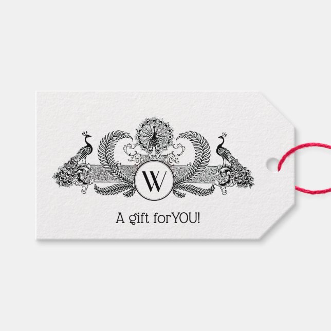 Étiquettes-cadeau Monogramme Paons Vintage (Devant (Horizontal))