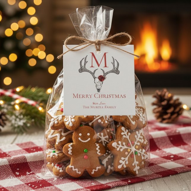 Étiquettes Cadeau Monogramme Pays Xmas Reindeer Crâne et Roses (Modern Reindeer Skull Antlers Merry Christmas Gift Tags. Festive Red Gothic Skull Country Xmas Tags )