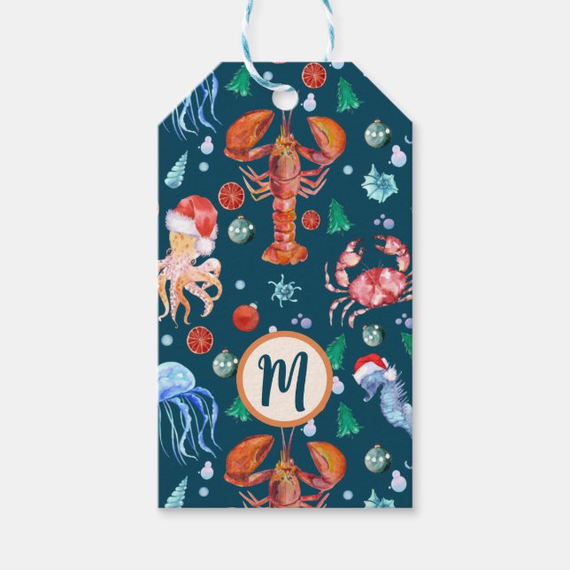 Étiquettes-cadeau Monogramme personnalisé Homard orange Noël (Devant)