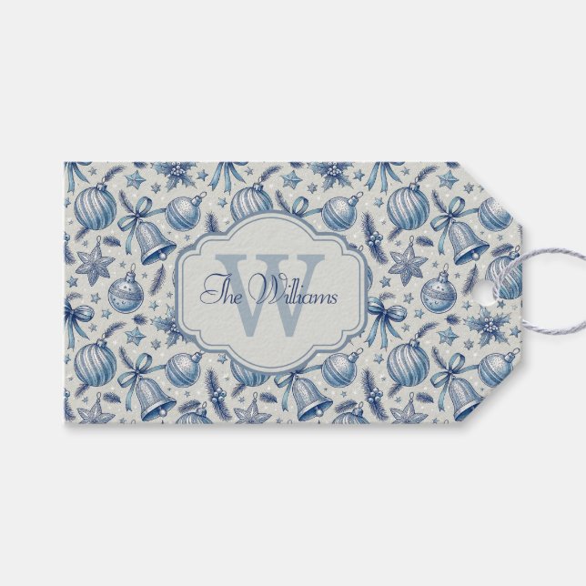 Étiquettes-cadeau Monogramme personnalisé Toile Bleue Ornements de N (Devant (Horizontal))