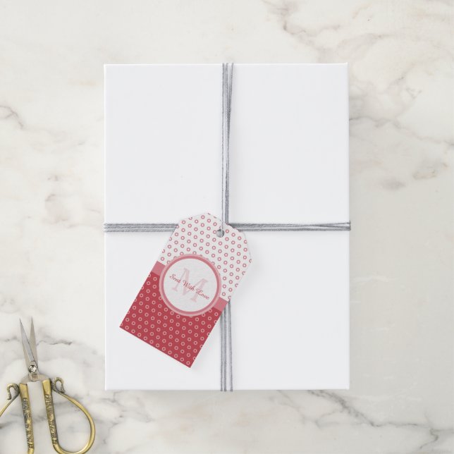Étiquettes-cadeau Monogramme Pois rose et blanc mod avec nom (Avec de la ficelle)