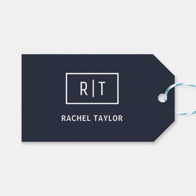 Étiquettes-cadeau Monogramme Professionnel Simple Bleu Marine Bordur (Devant (Horizontal))