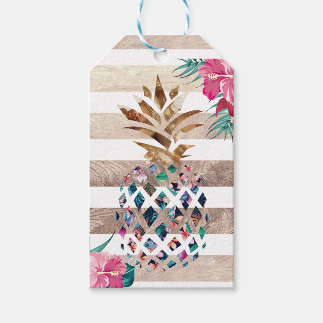 Étiquettes-cadeau Monogramme rayé d'ananas floral (Devant)