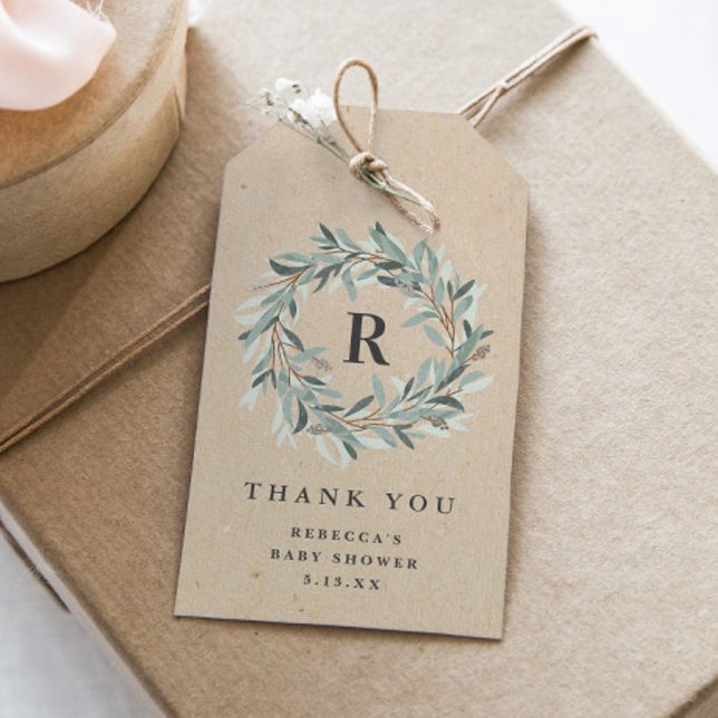 Étiquettes-cadeau Monogramme rustique Baby shower de couronne de ver (Créateur téléchargé)