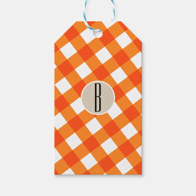 Étiquettes-cadeau Monogramme rustique Kraft Plaid Blanc orange initi (Devant)